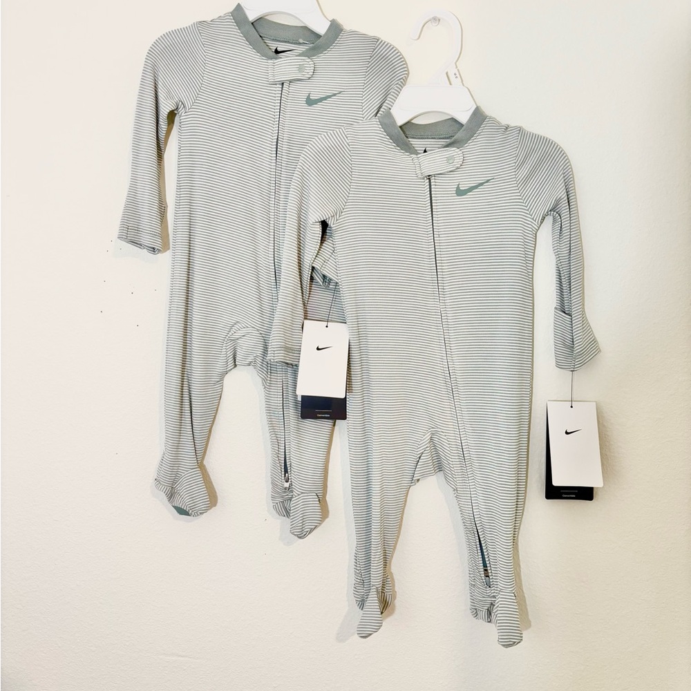 Nike Gray and White Striped Infant Footed Pajamas Set of 2